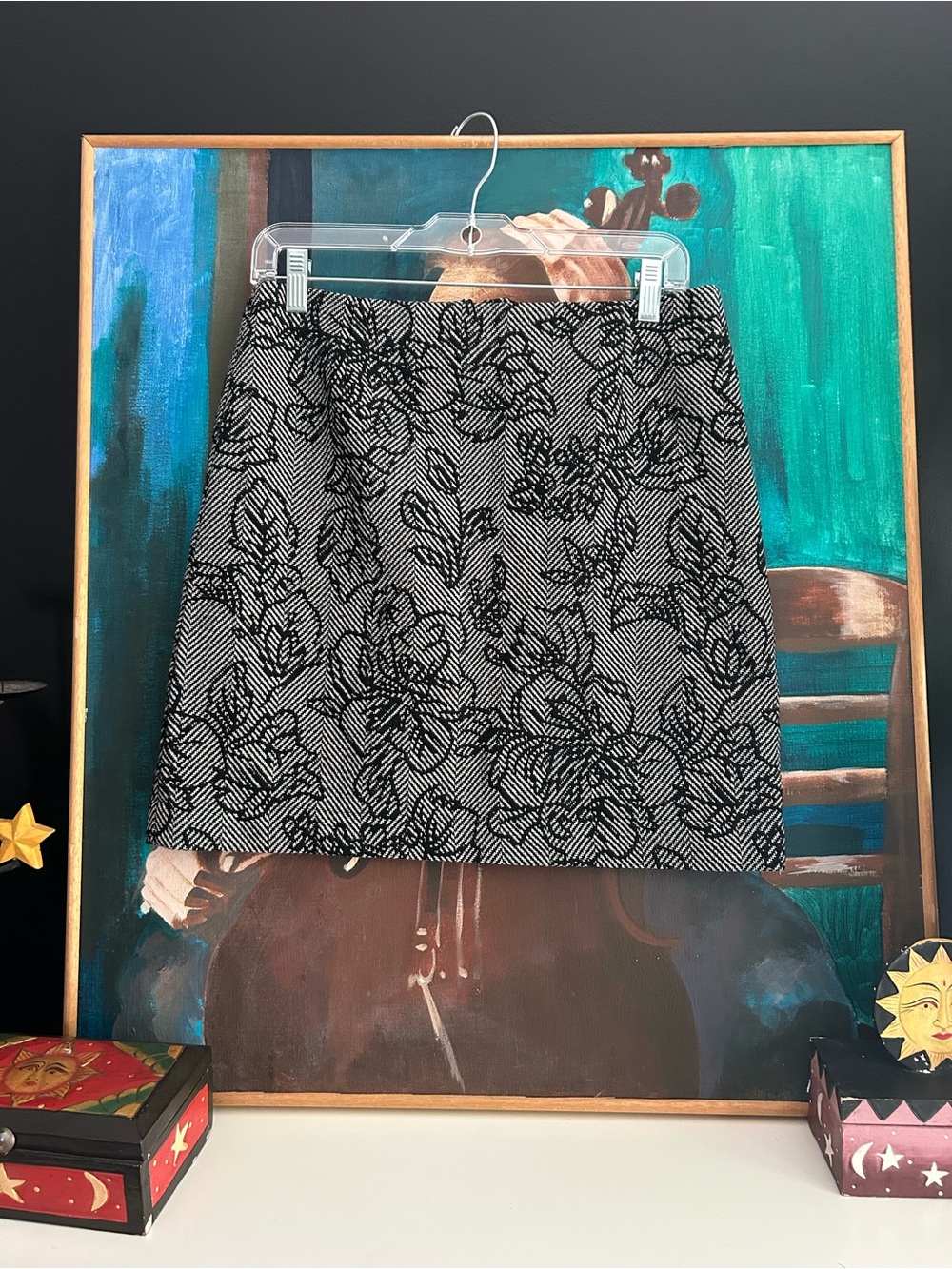 Joe Fresh Black Grey Floral Herringbone Mini Skirt Wool Blend Preppy